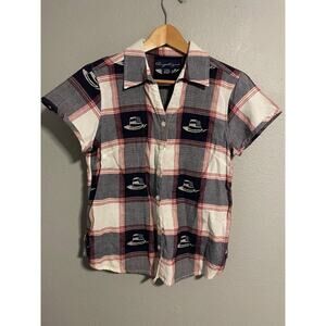 Angelique Shirt Womens Medium Red White Blue Plaid Cowboy Hat Western Cotton